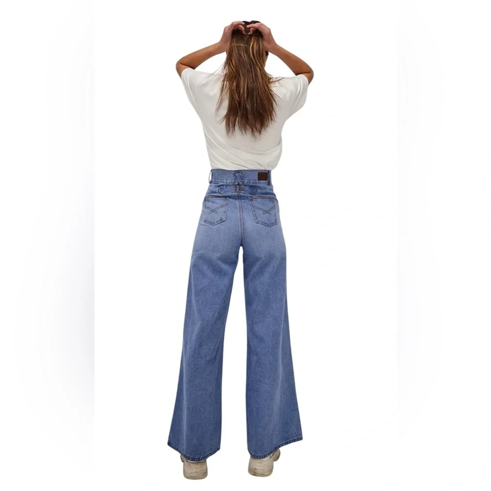 Ghanda Women’s Wide Leg Flare Leg Bell Bottom Charlie Jeans in Boston Blue Boho - Picture 2 of 14